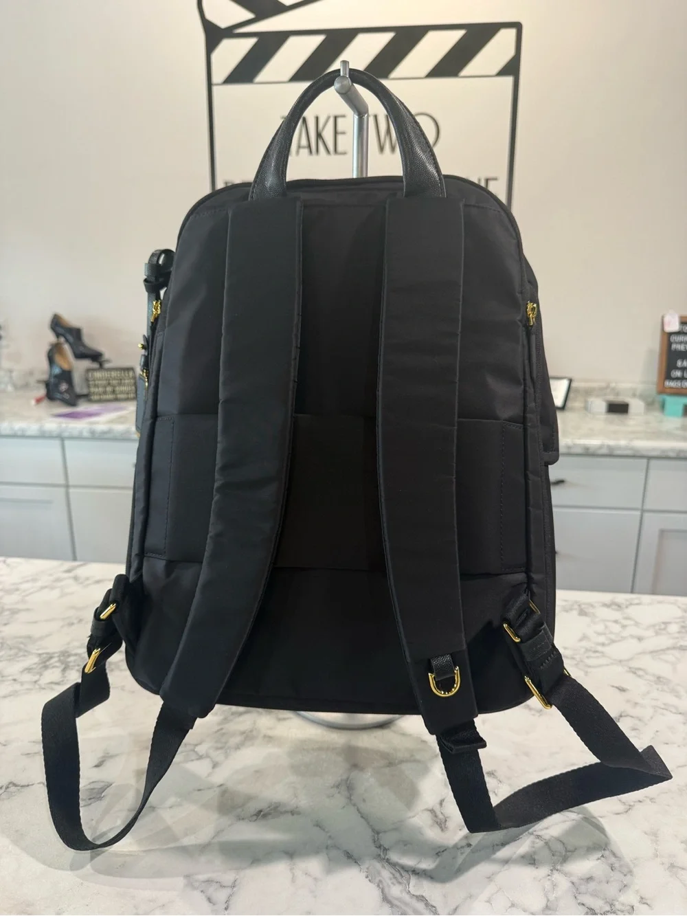 Tumi Voyageur Montana Backpack Black Nylon Backpack with Gold Accents